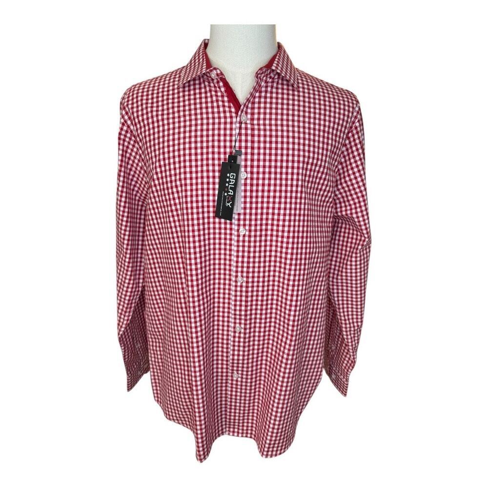 NEW Galaxy Men's XL Red Burgundy Gingham Long Sleeve Button Down Shirt NWT